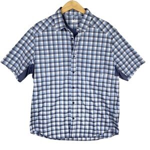 REI Blue Gray Plaid Check Print Short Sleeve Button Up Gorpcore Shirt Size Large